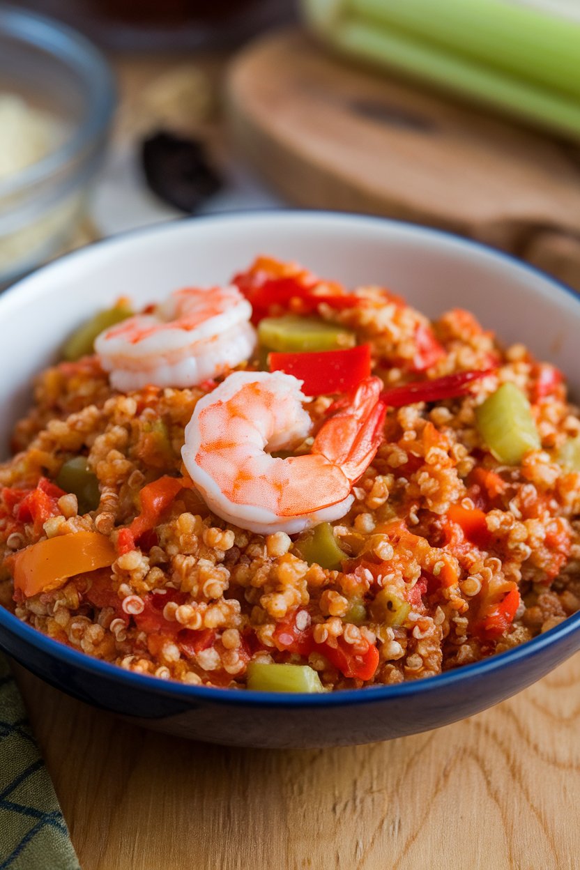 An indoor bowl with red-hued quinoa jambalaya dotted with cooked shrimp, bell peppers, and celery. No text or logos; photo only.