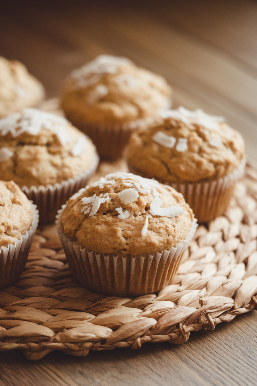 Indoor photo of coconut flour banana muffins on a woven placemat, light coconut flakes sprinkled, no text or logos