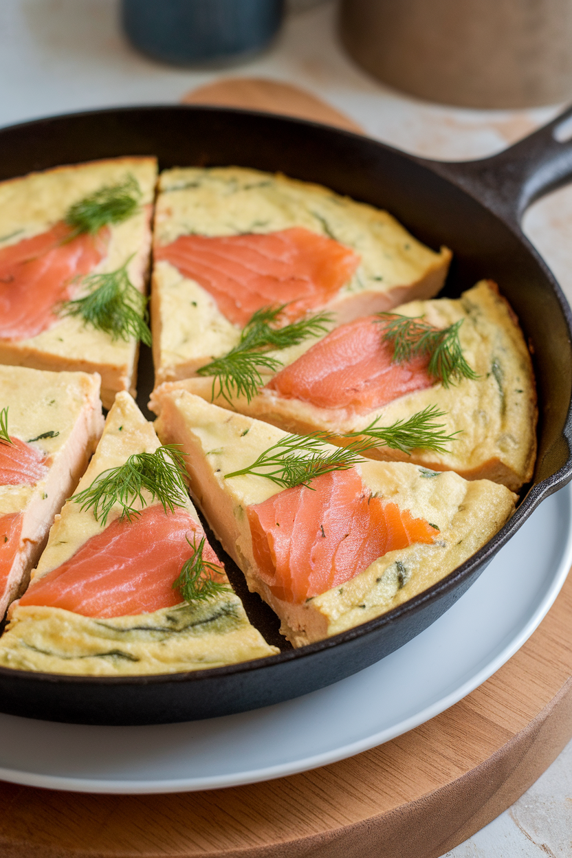 Photo of an indoor skillet frittata sliced into wedges, showing pieces of cooked smoked salmon, fresh dill fronds, and golden egg. No text or logos visible.