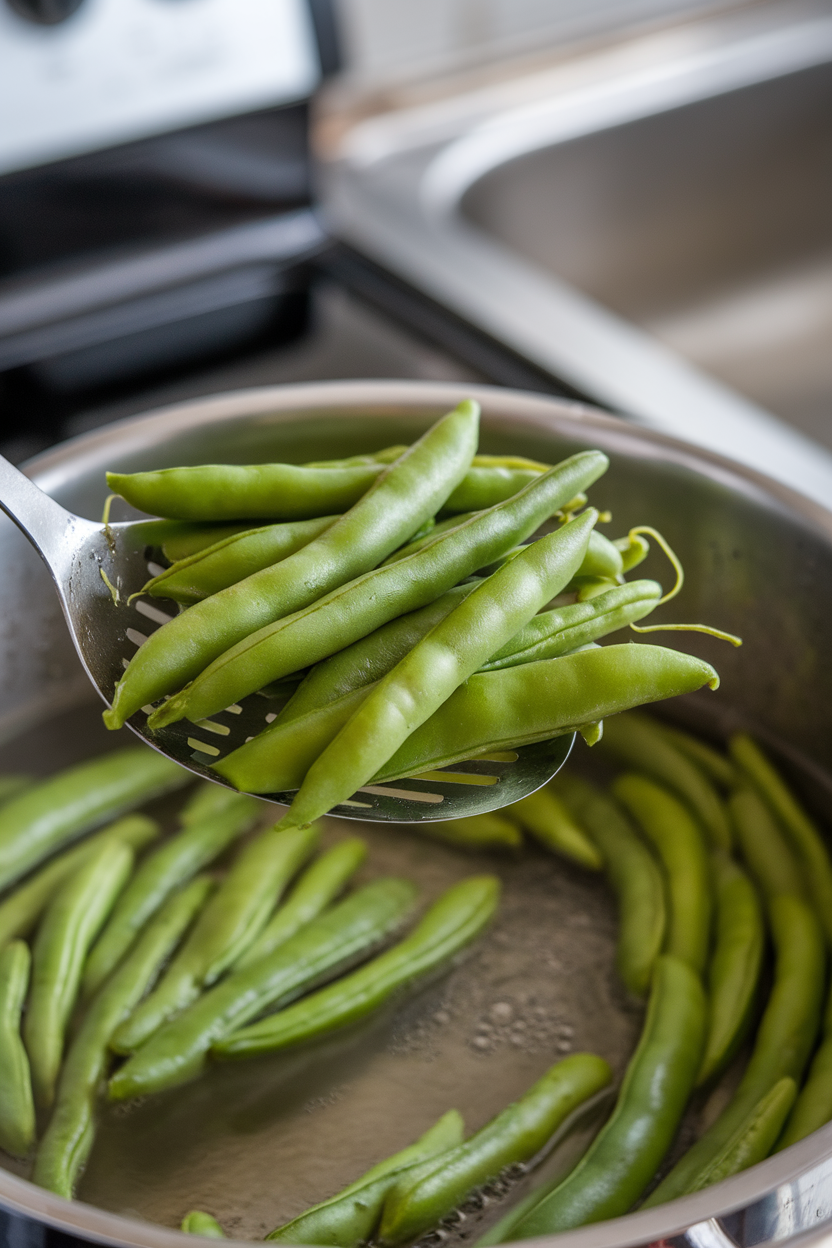 Indoor shot of a slotted spoon lifting blanched green beans from boiling water, no brand names.