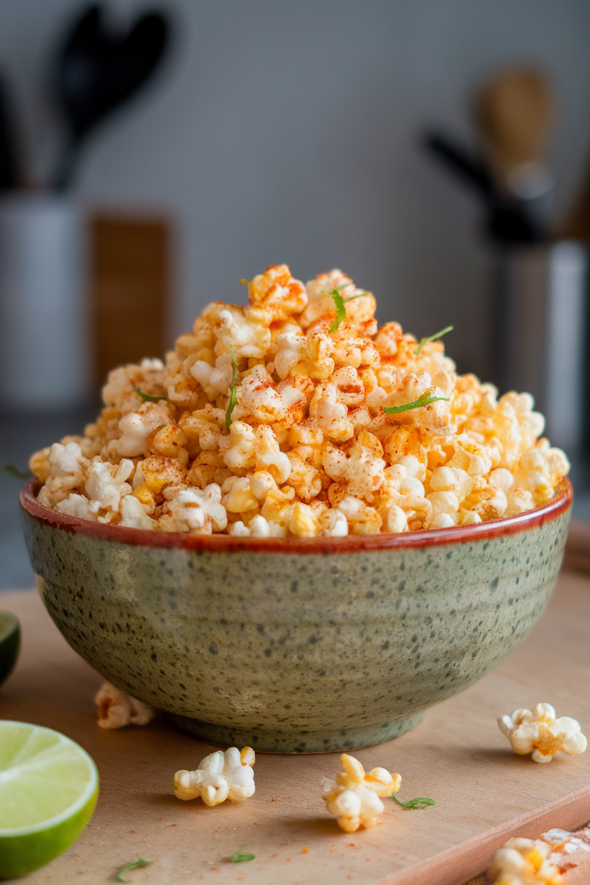 An indoor ceramic bowl brimming with air-popped corn dusted in red sriracha seasoning and lime zest—photo, no text or logos.