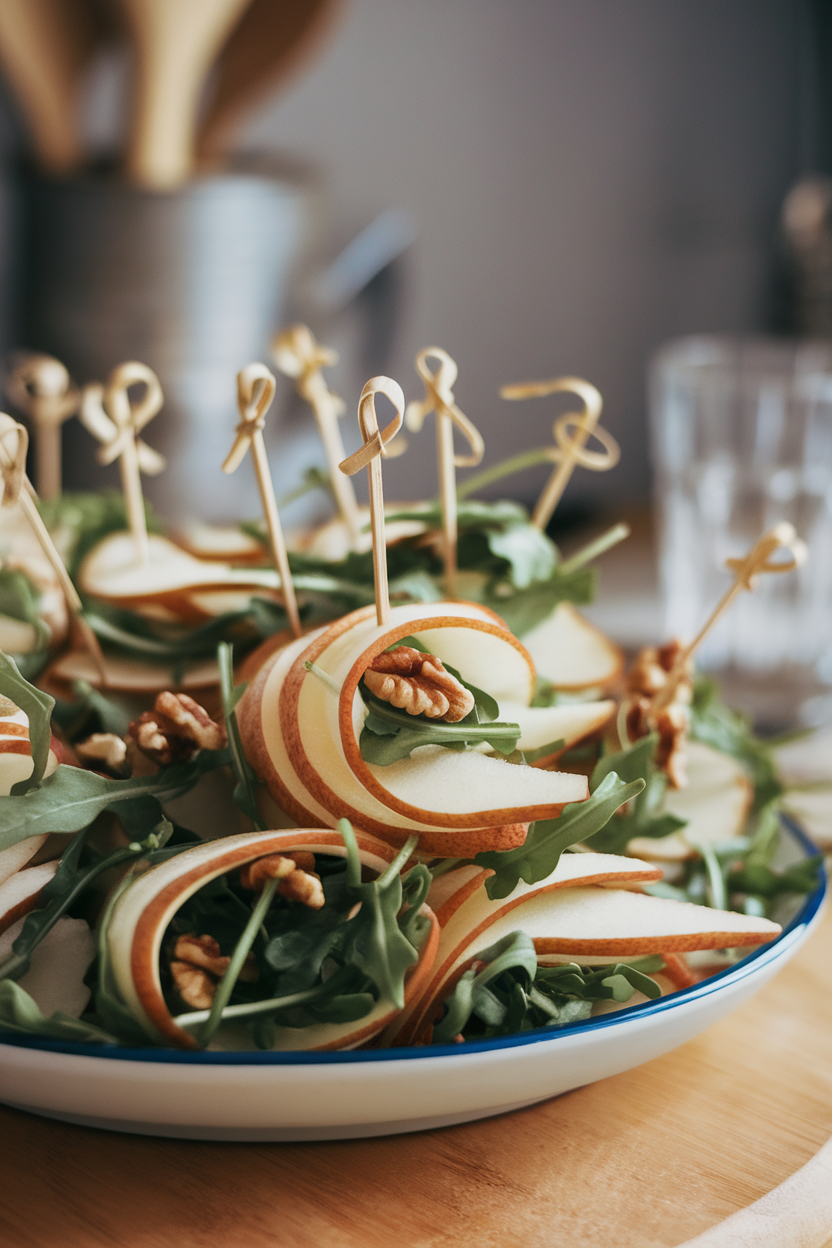 Indoor photo of thin pear slices wrapped around arugula and toasted walnut pieces, secured with picks, on a white plate. No visible text or logos.