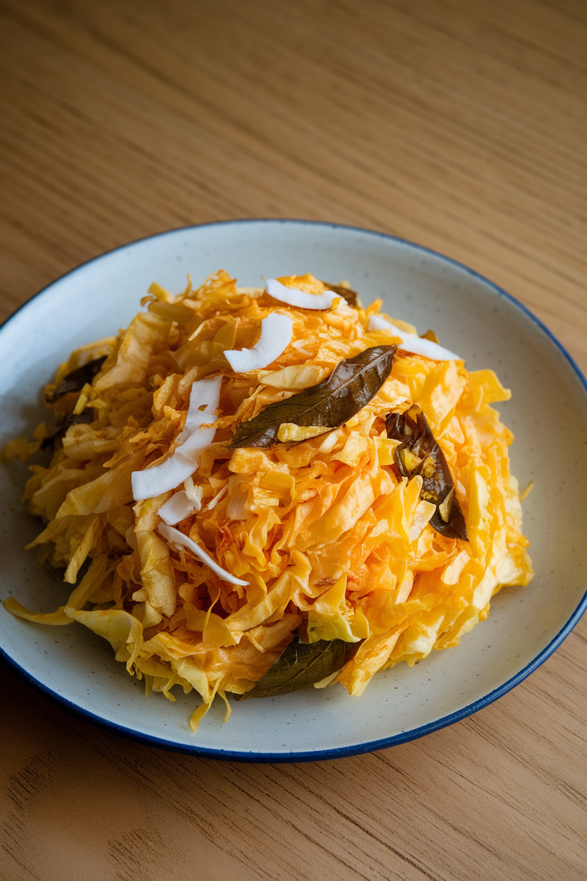 Photo prompt: An indoor plate of finely shredded cabbage stir-fried with coconut and curry leaves, bright yellow flecks. No text or logos.
