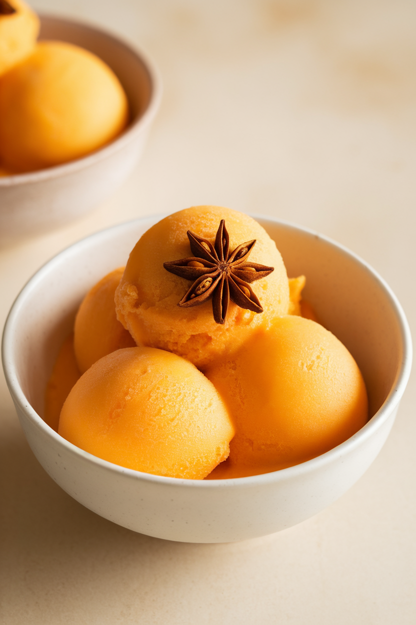 An indoor dessert bowl filled with bright orange persimmon sorbet garnished with a star anise pod—no text or logos; photo, not illustration