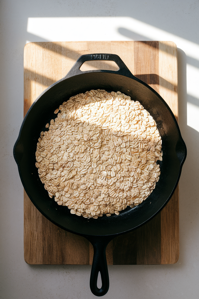 Indoor photo of steel-cut oats in a cast-iron skillet being dry-toasted; overhead light, no text or logos