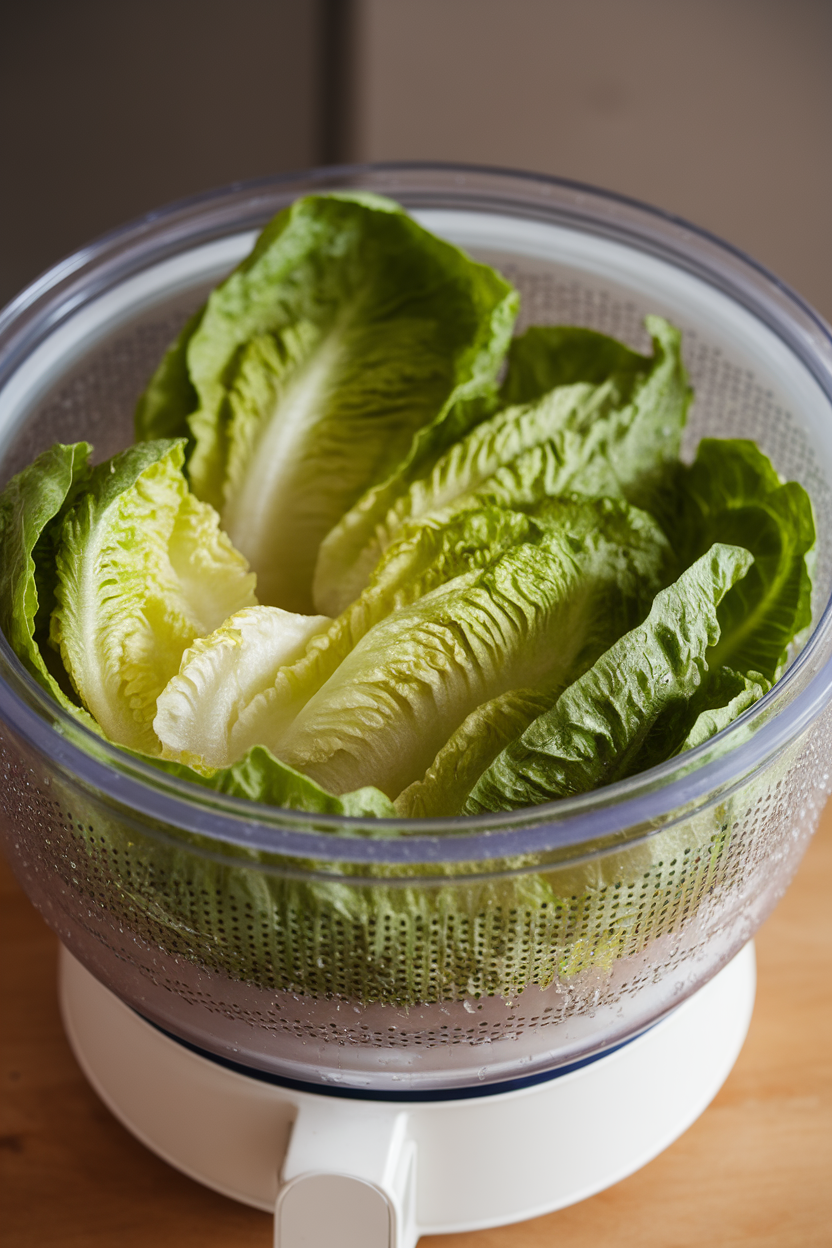 Indoor salad spinner filled with crisp romaine lettuce hearts, droplets of water catching the light; neutral kitchen background; no text or logos. Photo.