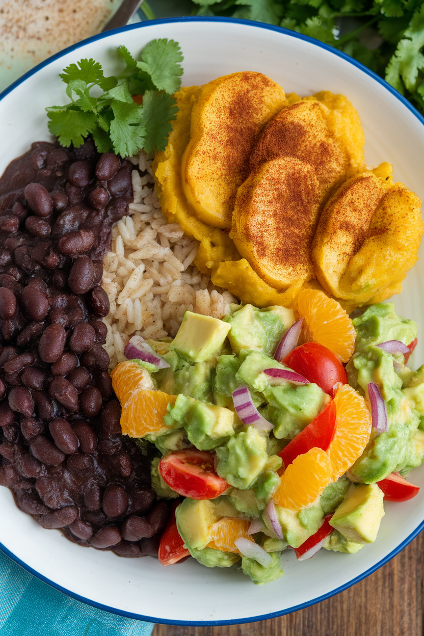 Indoor photo of Cuban-style black beans, mashed baked plantains, and citrus avocado salad on a plate. No text or logos.