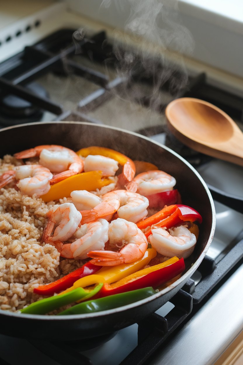 An indoor stovetop scene with a skillet of cooked shrimp, colorful bell peppers, and brown rice, steam rising gently. No text or logos; photo only.