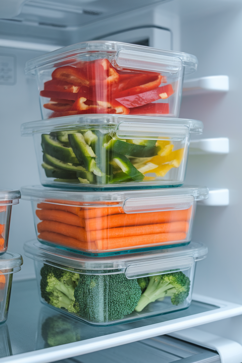 Indoor photo of glass meal-prep containers filled with sliced bell peppers, carrot sticks, and broccoli florets, neatly stacked in a refrigerator; no text or logos.