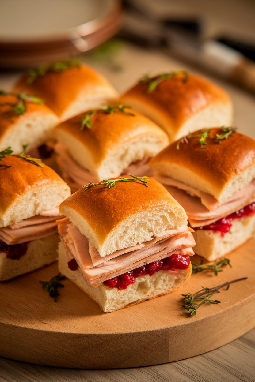 Indoor photo of small brioche sliders filled with sliced turkey and cranberry sauce on a wooden board, no text or logos
