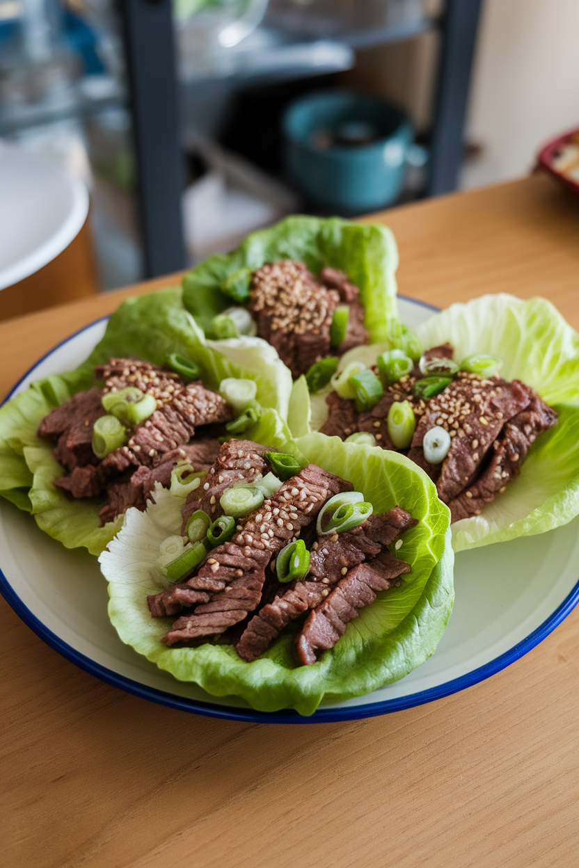 A plate on an indoor table featuring lettuce leaves filled with sliced bulgogi beef, scallions, and sesame seeds. No logos; photo.