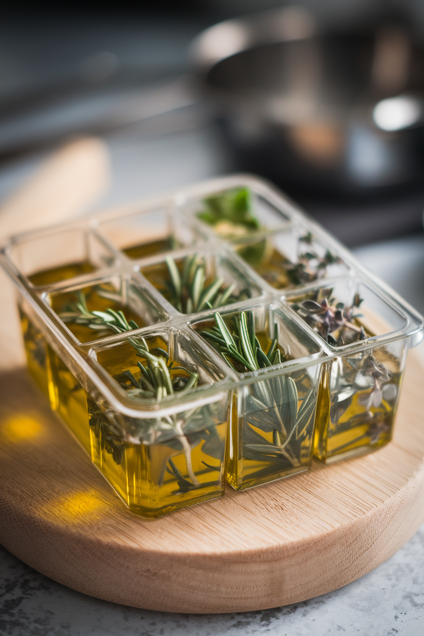 Ice cube tray filled with chopped herbs suspended in olive oil, indoor photo, no text or logos