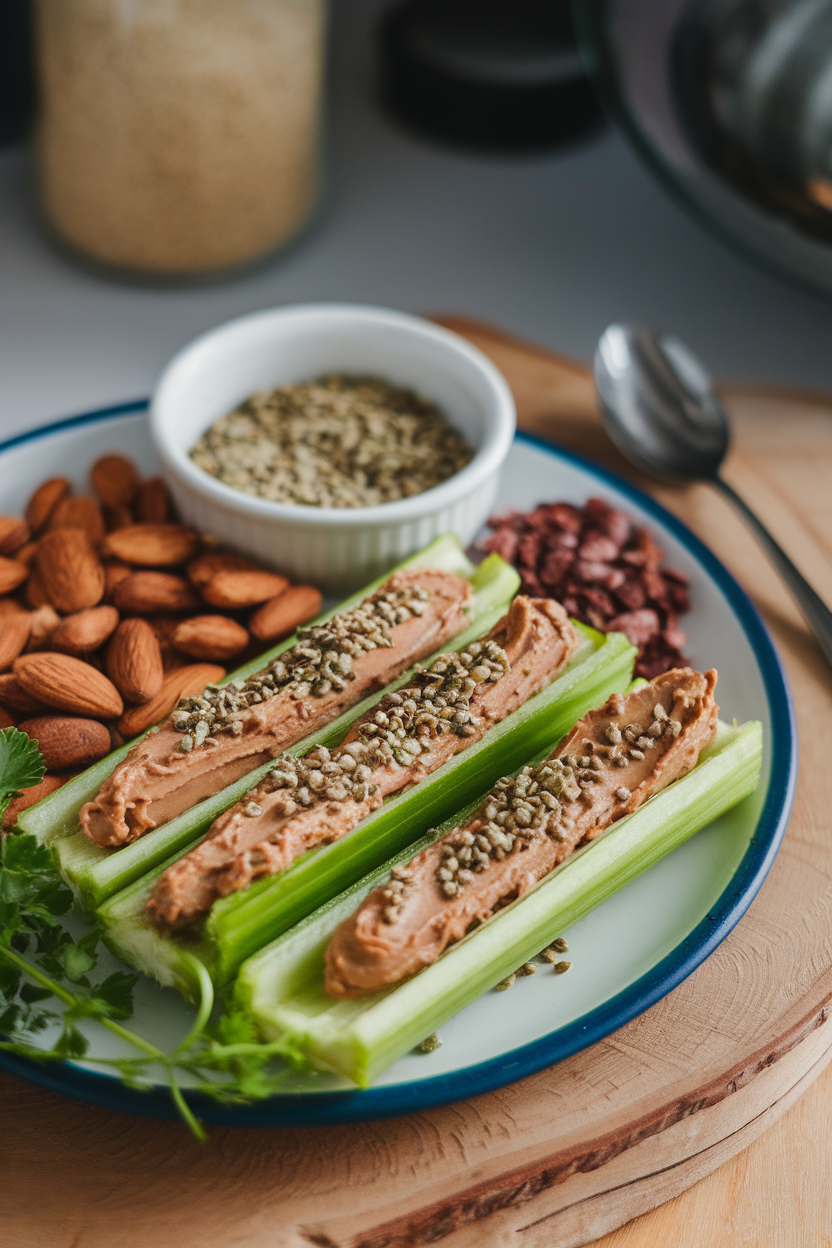 Photo of an indoor plate showing celery stalks filled with creamy almond butter and sprinkled with hemp hearts, no logos present.