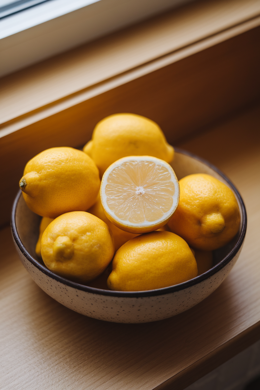 A bowl of bright yellow lemons on an indoor windowsill with indirect light, one cut in half showing juicy pulp, no text or logos, photo.