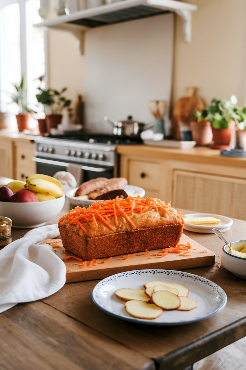 An indoor brunch table with a loaf dotted with orange carrot shreds, thin ginger slices on a plate nearby. No text or logos. Photo only.