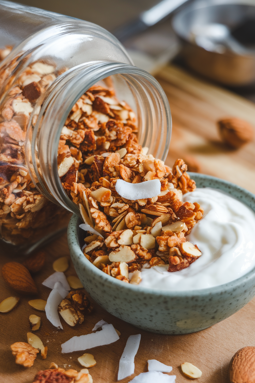 Indoor jar photo of toasted coconut almond granola spilling beside a bowl of yogurt, no text or logos.