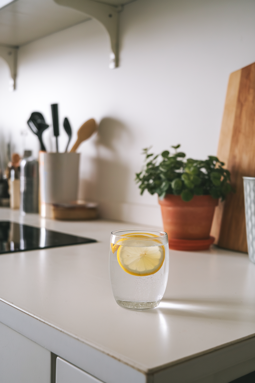 A daylight-bright indoor kitchen counter featuring a simple clear glass of water with one thin lemon slice, minimal background clutter, no text or logos—photo, not illustration.