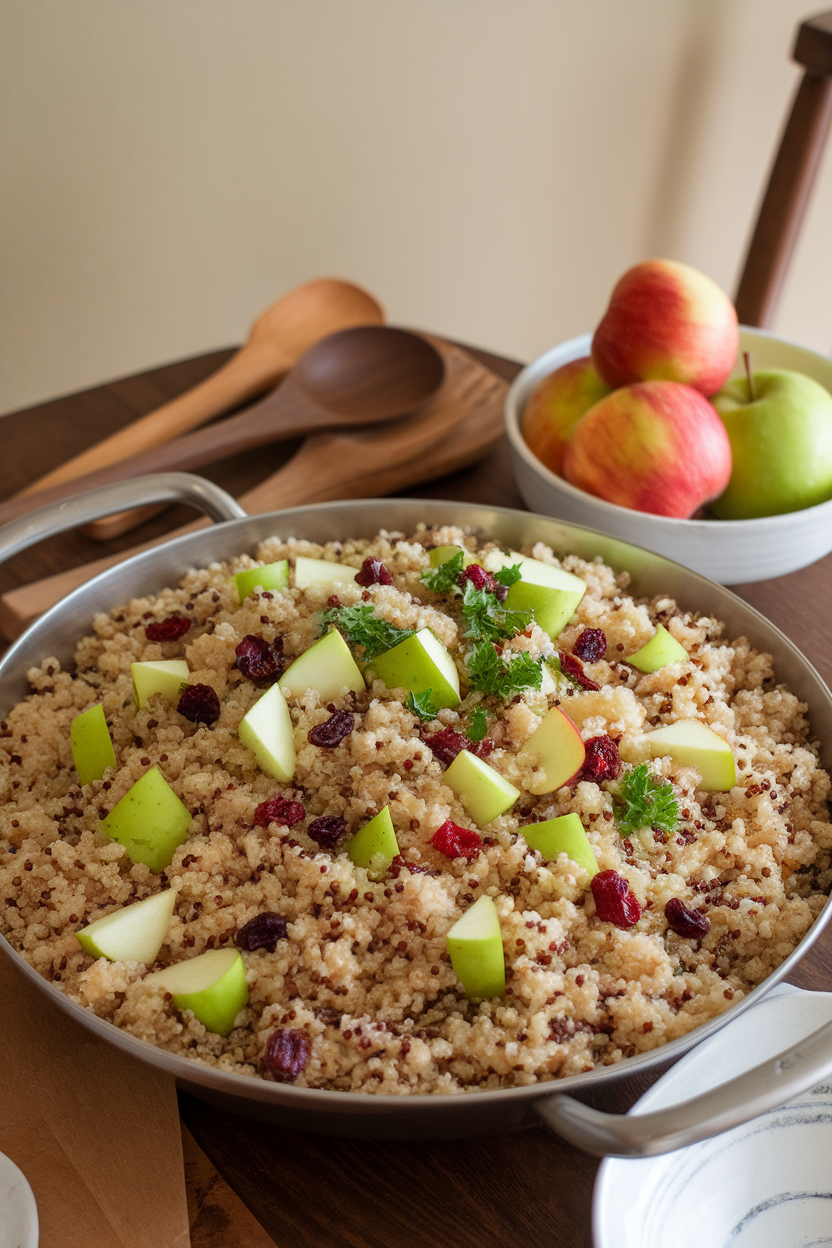 An indoor dining table with a wide serving dish of fluffy quinoa dotted with diced green apples, dried cranberries, and chopped parsley. No logos or text; photo only.