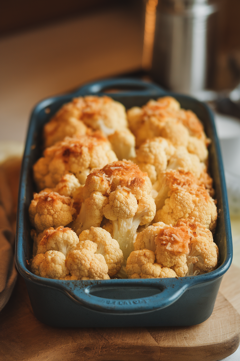 Indoor baking dish featuring roasted cauliflower florets coated in garlic-Parmesan crust, arranged tightly like a pull-apart loaf. No text or logos.