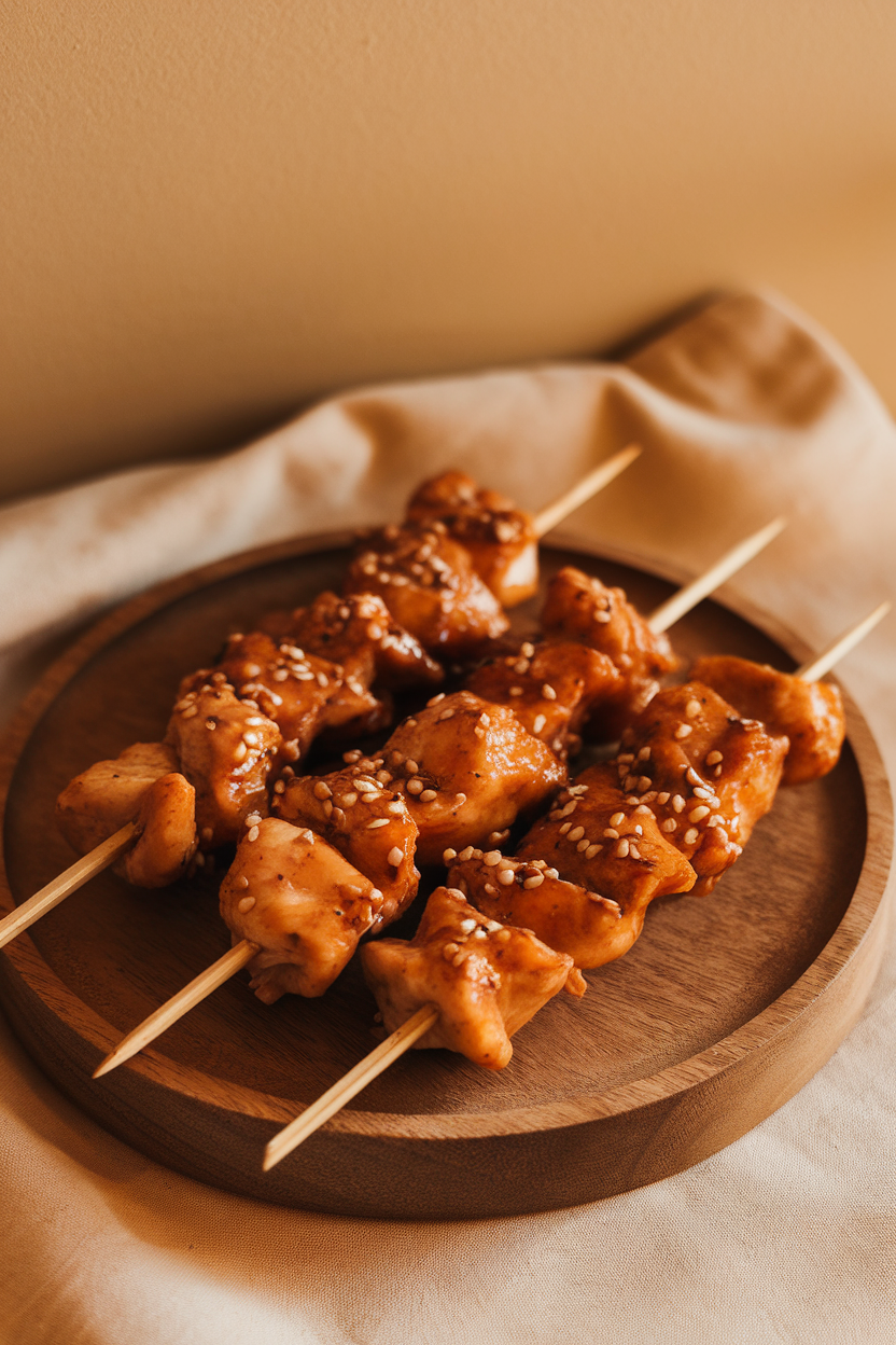 Photo of an indoor platter holding wooden skewers threaded with glazed teriyaki chicken chunks sprinkled with sesame seeds; warm indoor light, no text or logos
