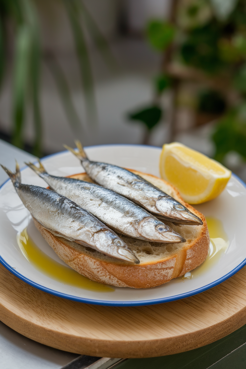 An indoor plate with cooked sardine fillets on toasted bread, slight glisten from olive oil, lemon wedge nearby; no text or logos, photo.
