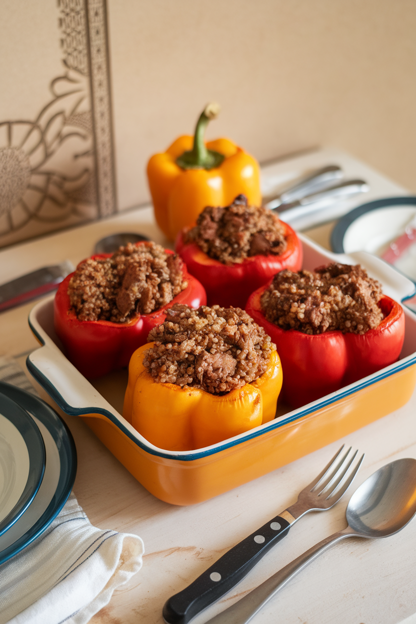 Indoor kitchen table with a casserole dish of bell peppers filled with cooked beef and quinoa, tops lightly browned. No logos; photo.