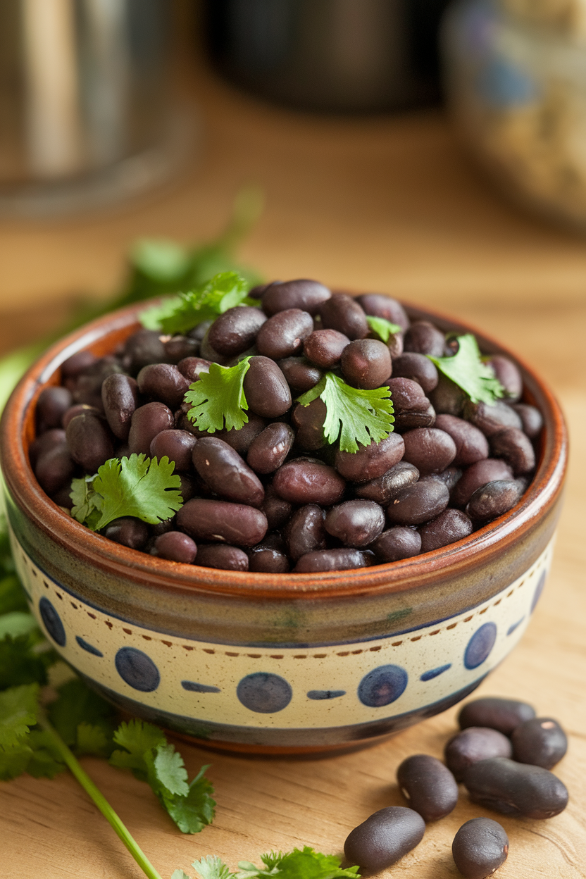 An indoor ceramic bowl containing seasoned cooked black beans dotted with cilantro, no text or logos.