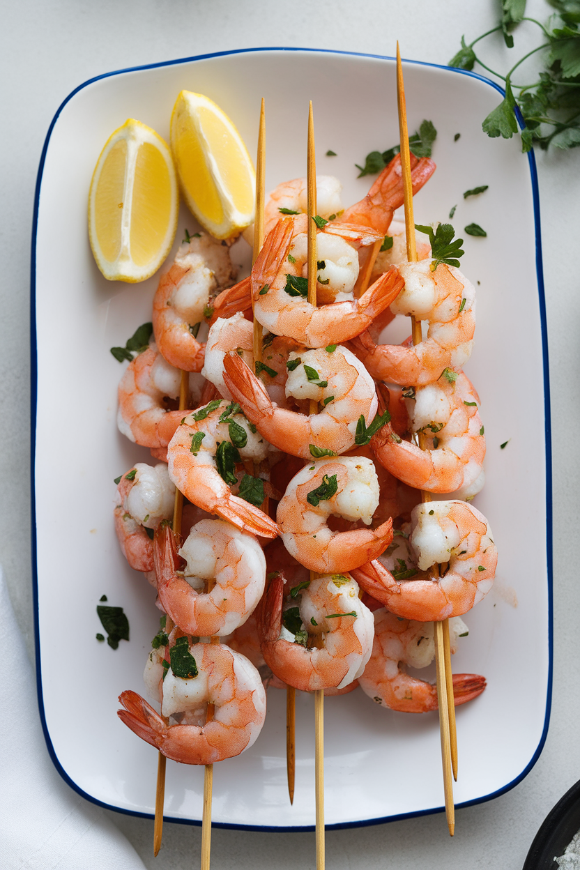 Indoor presentation of cooked shrimp skewers plated on a white dish, herbs visible, lemon wedges nearby, no text or logos. Photo only.