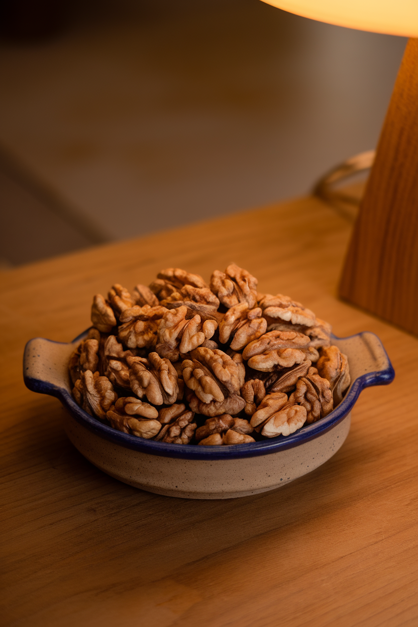 Indoor photo of a ceramic dish filled with raw walnut halves on a wooden table; warm lamp light, no text or logos