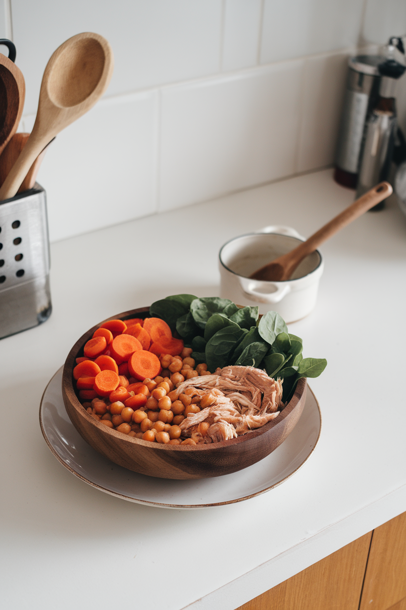 Indoor countertop displaying a bowl of roasted carrot coins, chickpeas, shredded chicken, and baby spinach — photo, no logos