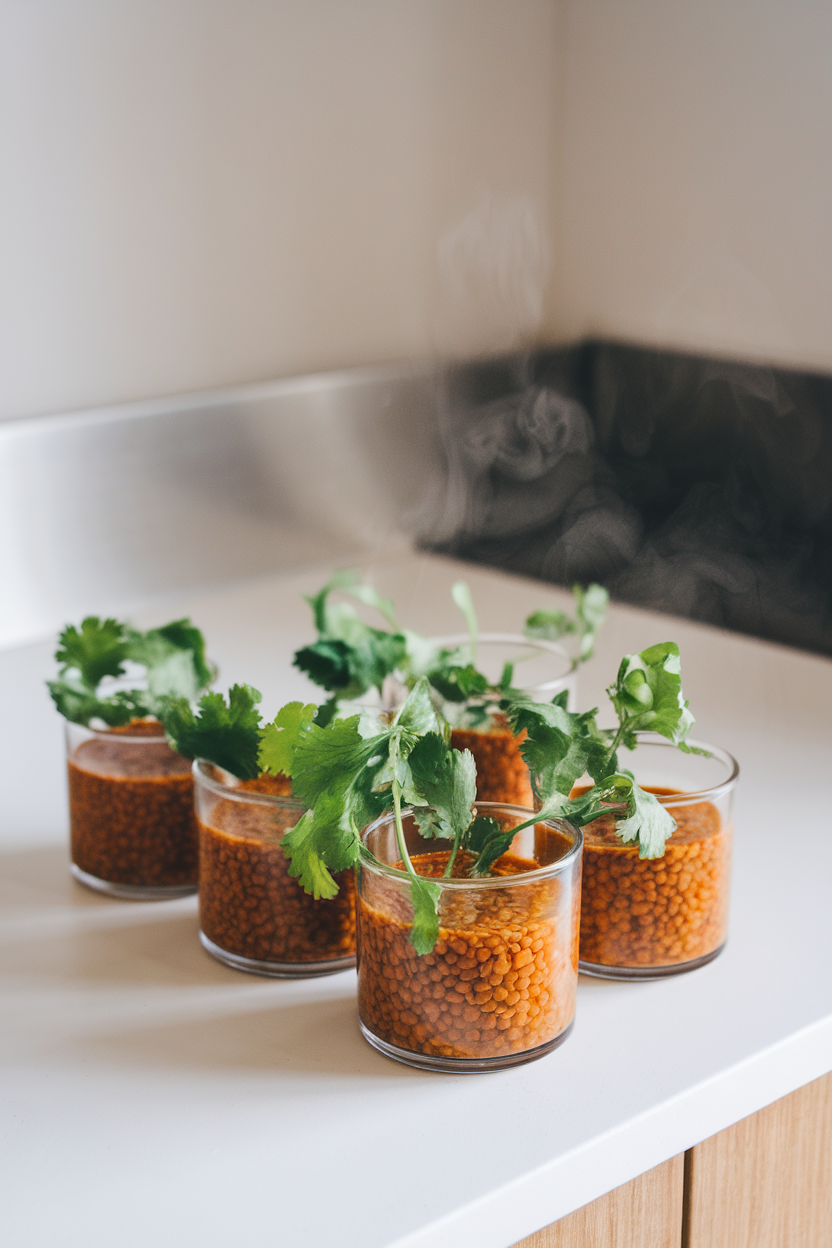 An indoor countertop with small glass containers of thick red lentil soup topped with fresh cilantro, steam visible. No text or logos.