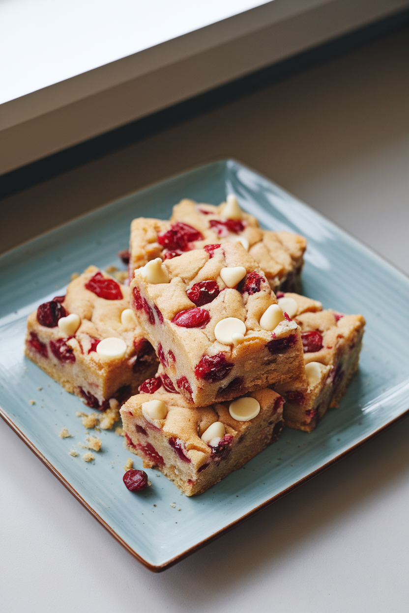 A square plate indoors with chunky blondie squares dotted with cranberries and white chocolate chips, a few crumbs artfully placed. No text or logos.