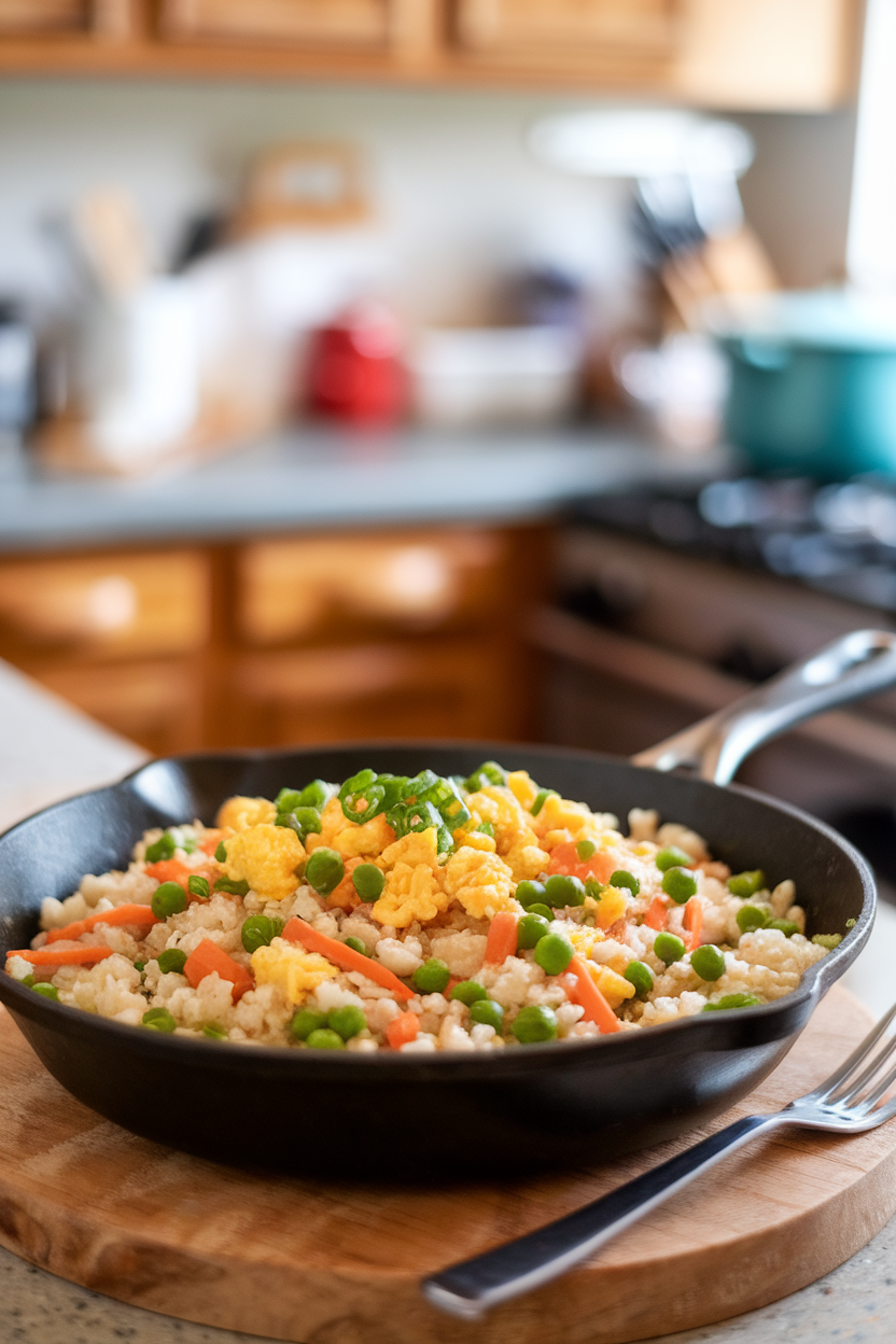 Indoor photo of a skillet filled with cauliflower rice, peas, carrots, and scrambled egg bits, sprinkled with green onions. No text or logos.