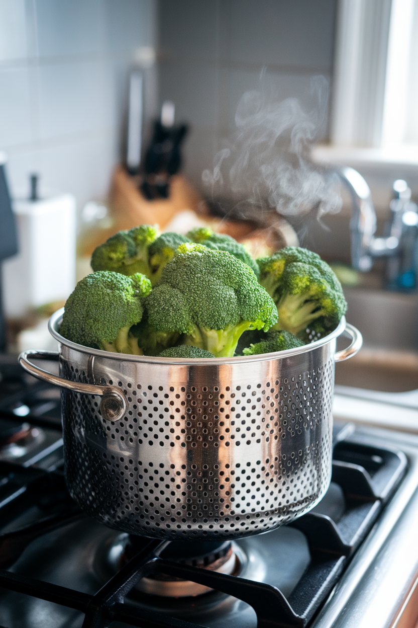 Photo of a steamer basket filled with bright green broccoli on a stove inside a kitchen, steam gently rising. No text or logos.