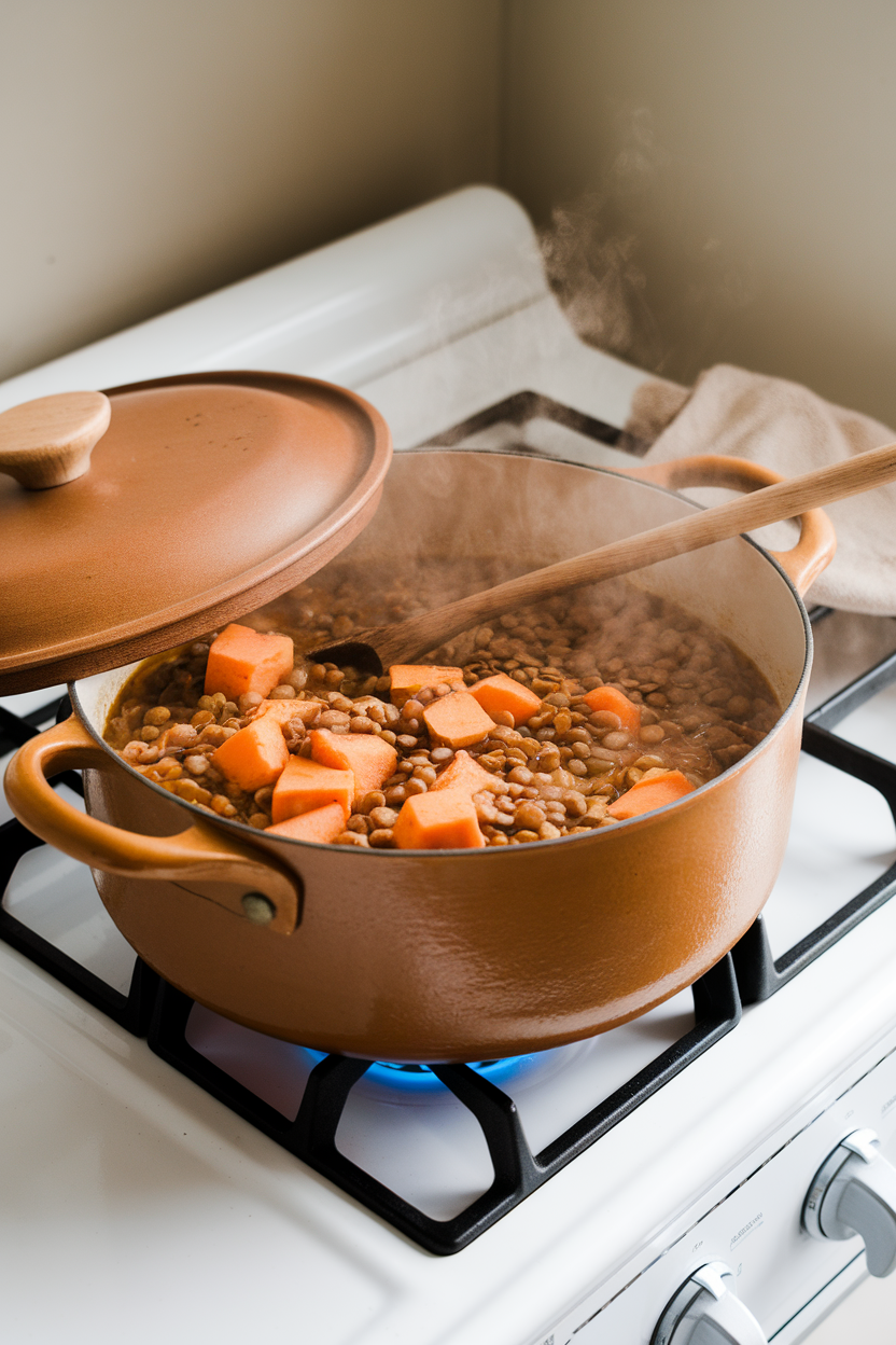 An indoor stovetop photo of a steaming pot of thick lentil soup with chunks of orange sweet potato, ladle resting inside. No text or logos on cookware.