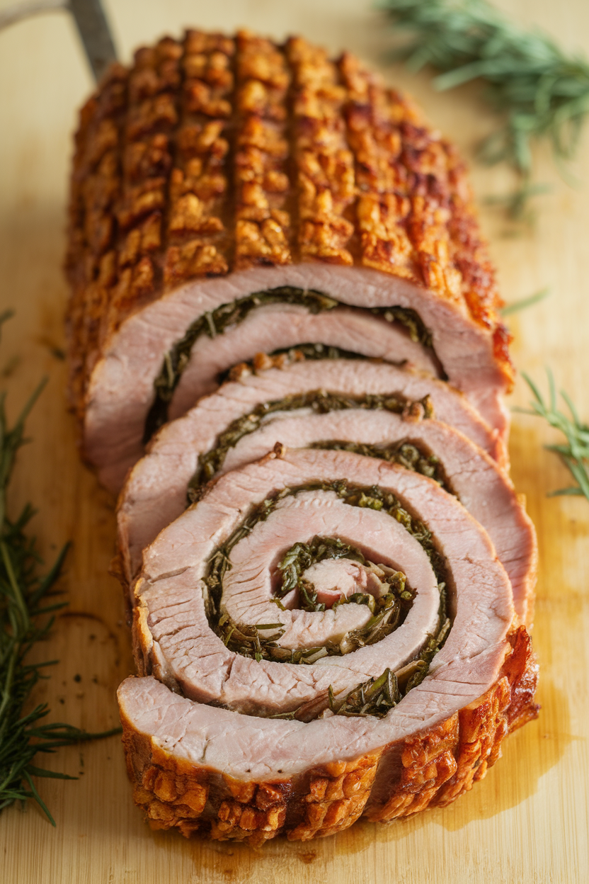 Indoor photo of rolled pork loin with crispy crackling and a spiral of herbs visible in each slice, no text or logos