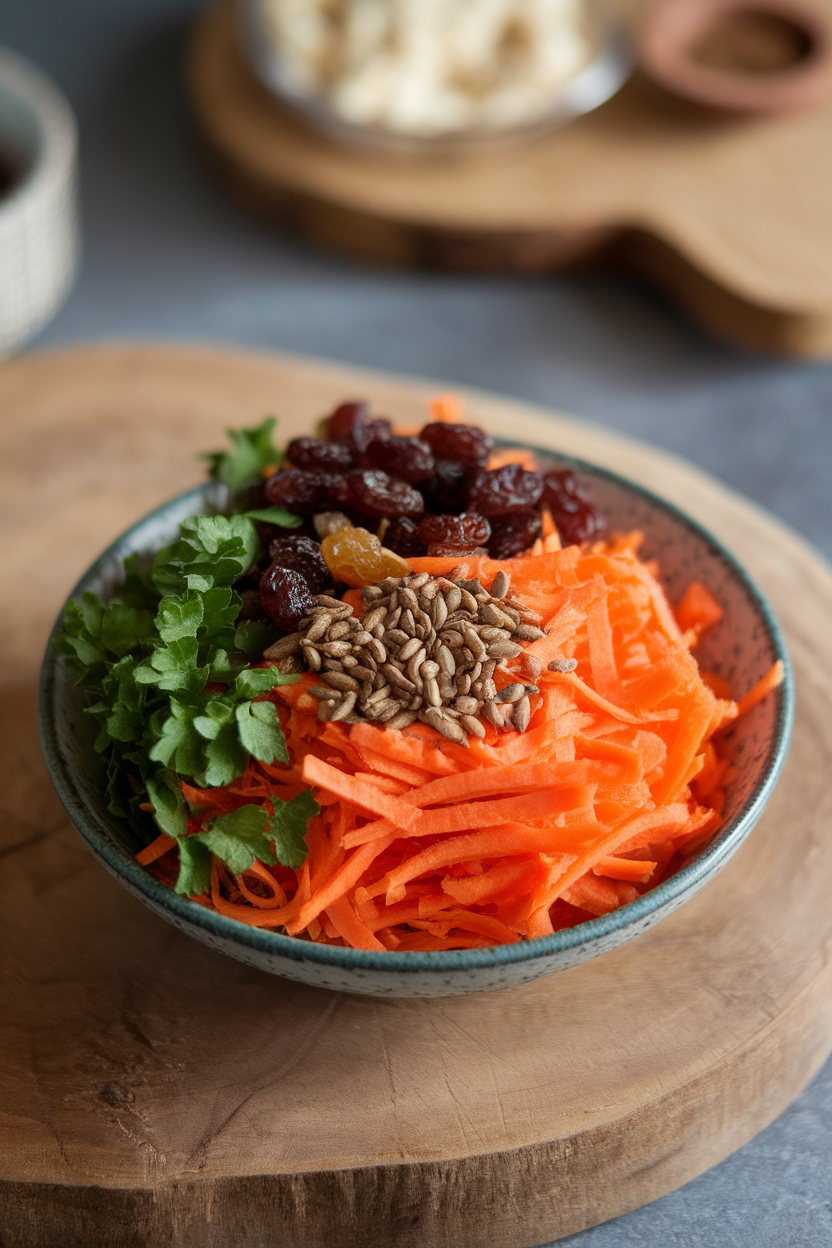 Shallow bowl indoors featuring shredded carrots with raisins, parsley, and cumin seeds, no text or logos
