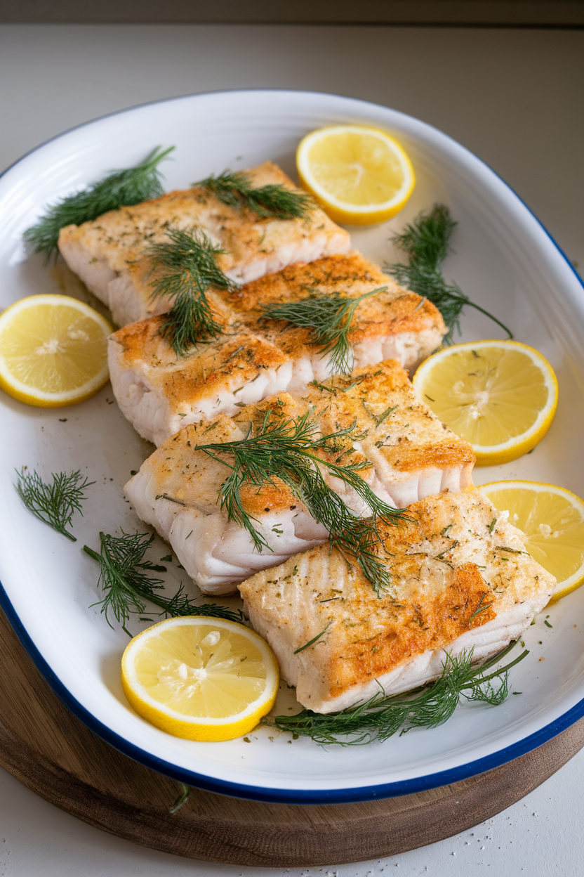 Photo of flaky baked haddock fillets with lemon slices and fresh dill on a white platter indoors, no text or logos