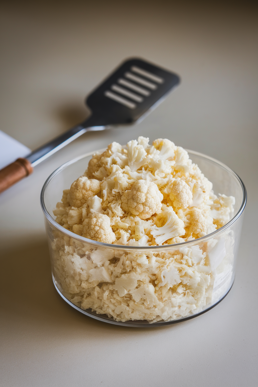 Photo, indoor counter with a clear container of finely riced cauliflower, spatula nearby, neutral background, no logos.