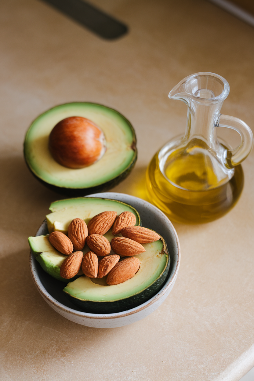 Photo prompt: A small indoor countertop scene with a bowl of ripe avocado halves, extra-virgin olive oil in a clear cruet, and a handful of almonds, no logos or text.