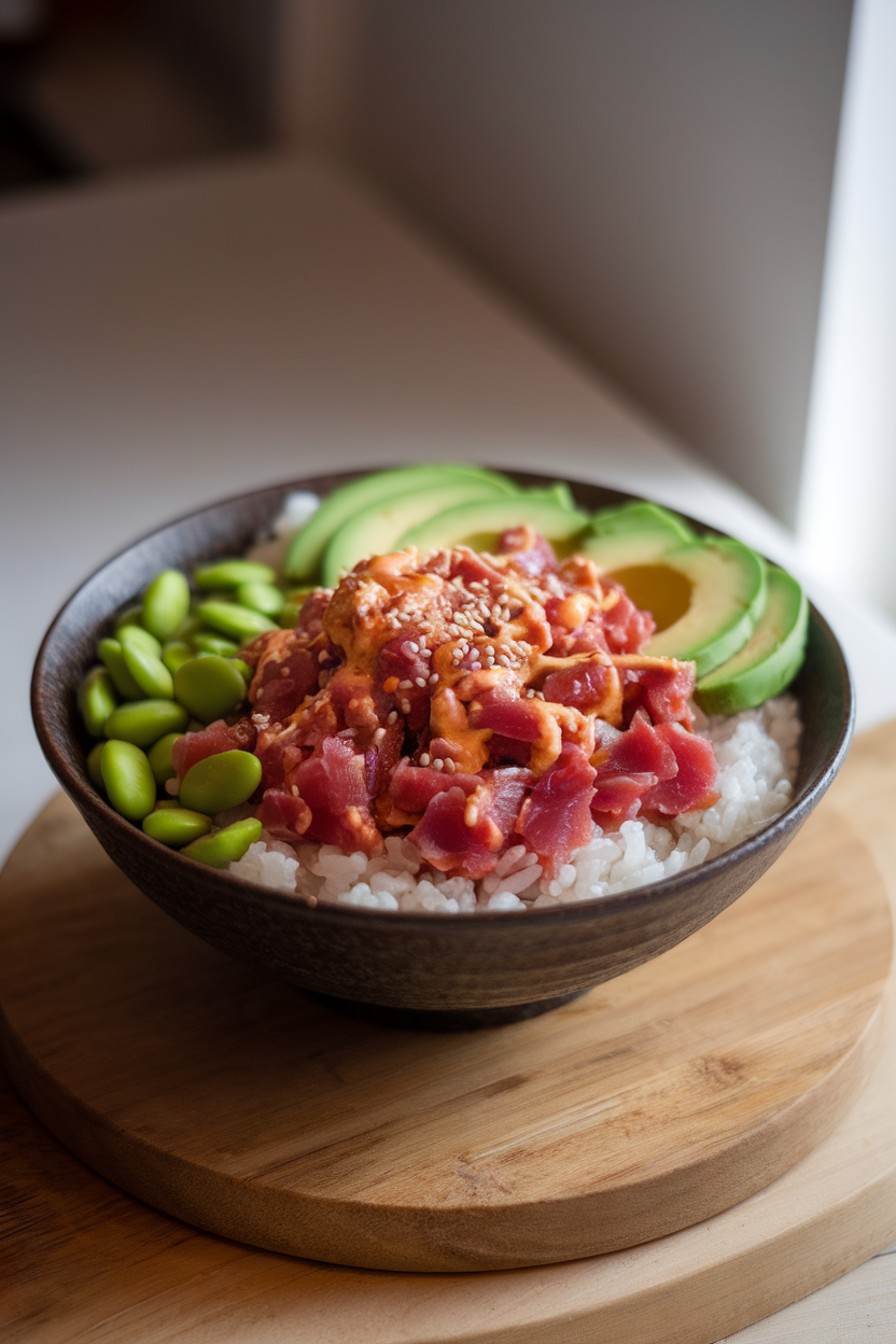 Indoor photo of cooked sushi rice topped with flaked tuna mixed in sriracha mayo, avocado slices, edamame, and sesame seeds in a wide bowl. Soft indoor light, no text or logos.
