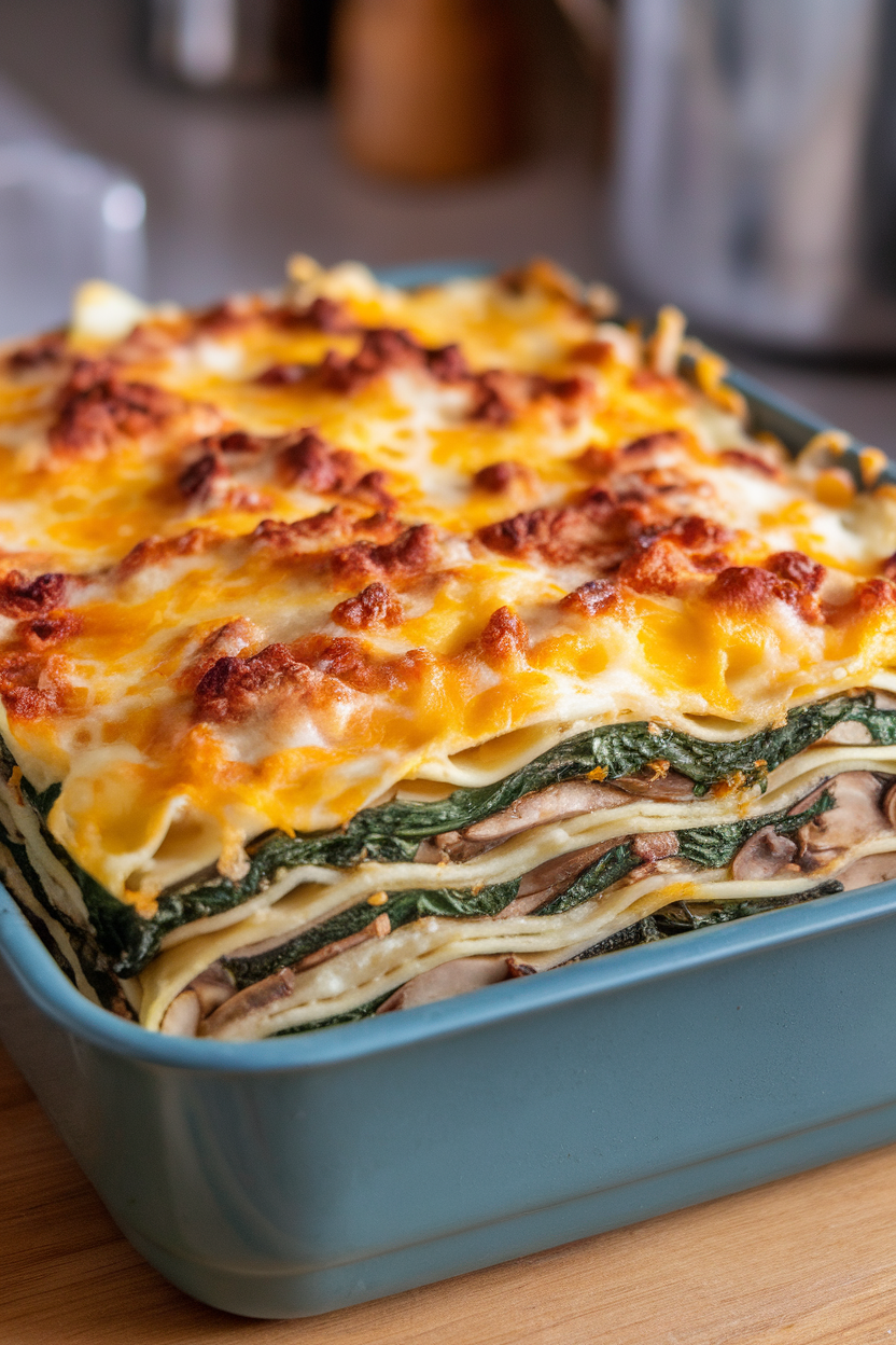Indoor casserole pan of breakfast lasagna layered with spinach, mushrooms, ricotta, and noodles, cheese top browned and bubbly. No logos or text present.