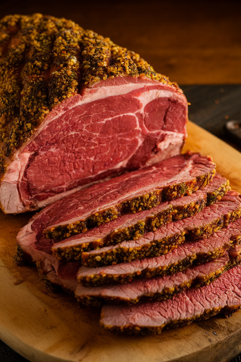Indoor photo of medium-rare prime rib roast with a garlic-herb crust, slices fanned on a wooden board, no text or logos