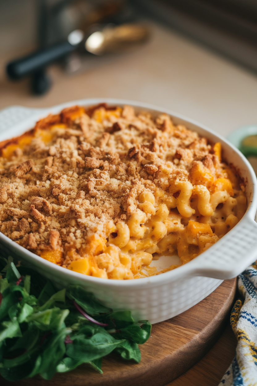 Indoor casserole dish of creamy mac and cheese with a breadcrumb topping, small flecks of butternut squash visible. Soft warm lighting, no logos or text.
