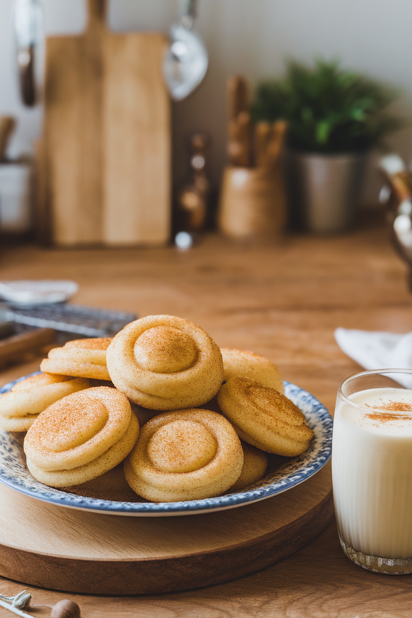 A ceramic plate inside a cozy kitchen holding golden snickerdoodles dusted with nutmeg, a small glass of eggnog nearby. No logos or text visible.