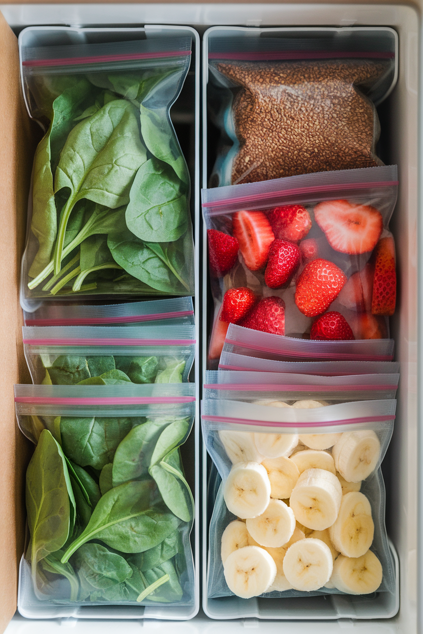 A freezer drawer filled with clear resealable bags holding pre-measured spinach leaves, frozen strawberries, banana slices, and ground flaxseed. No logos or text visible. Photo.