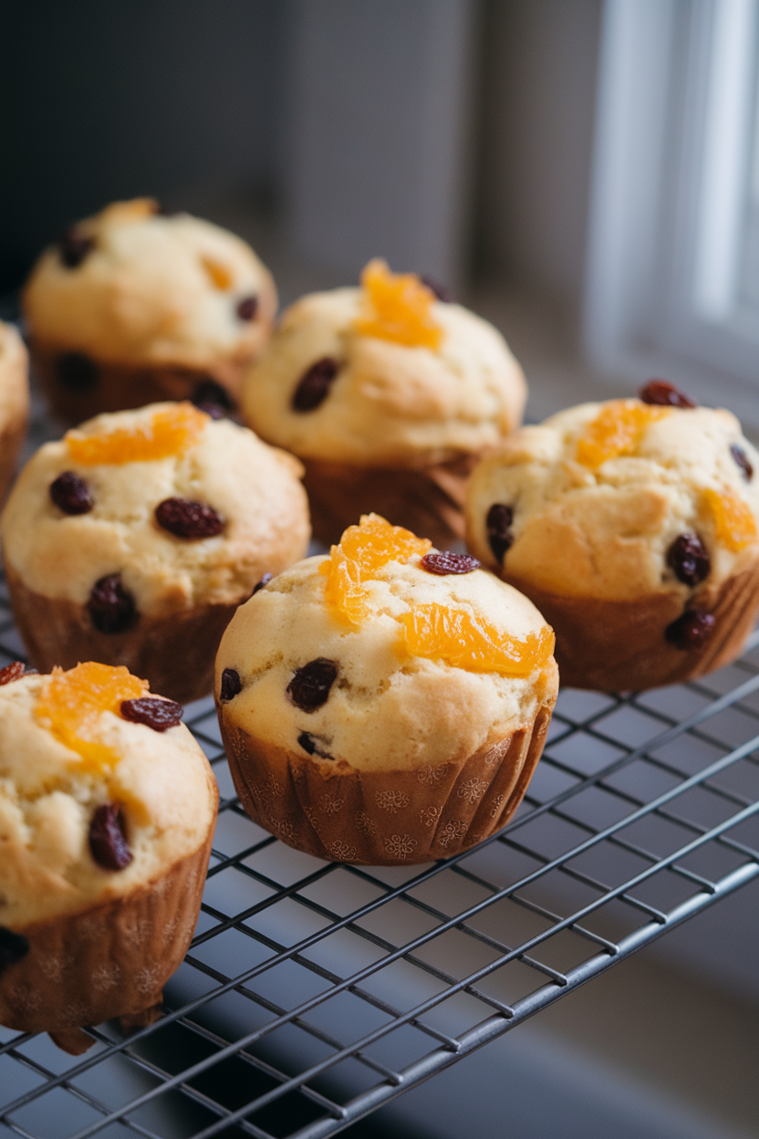 A wire rack indoors cooling mini panettone muffins dotted with golden raisins and candied orange peel, gentle morning light. No text or logos, photo only.