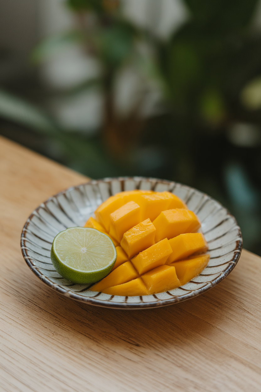 A small indoor dessert plate holding sliced mango topped with a squeeze of lime; no text or logos; photo