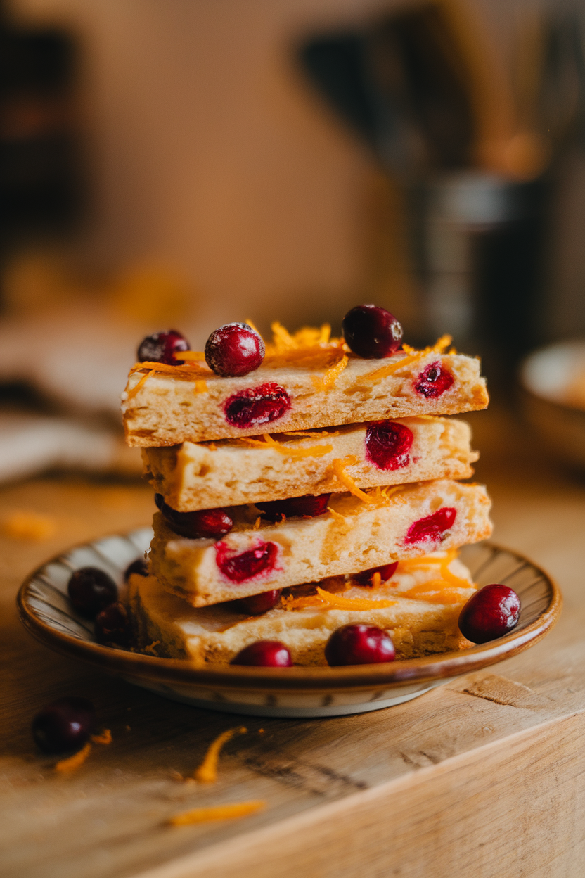 A small indoor plate stacked with cranberry-orange shortbread wedges, flecks of zest visible; warm light, no logos. Photo, not illustration.