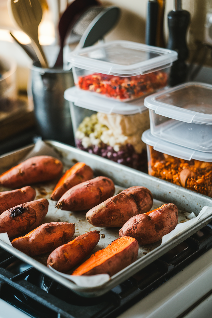 A baking sheet of roasted sweet potatoes cooling on a stove next to containers ready for storage, indoors. No text or logos. Photo, not illustration.